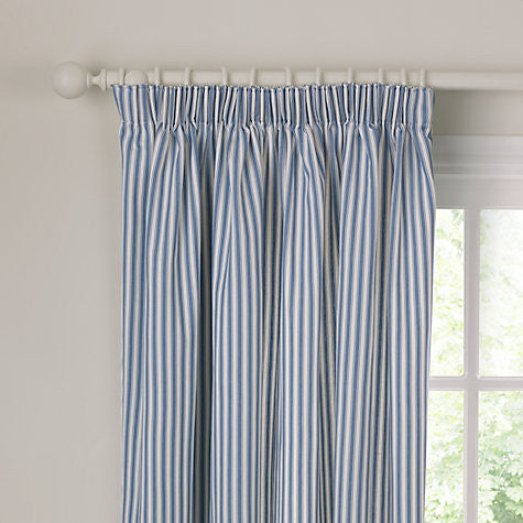 Ticking Curtains, Striped Pencil Headed, Blue & White