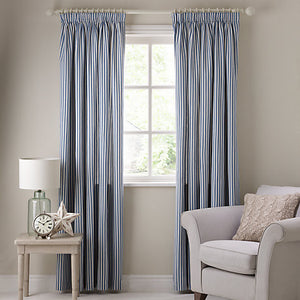 Ticking Curtains, Striped Pencil Headed, Blue & White