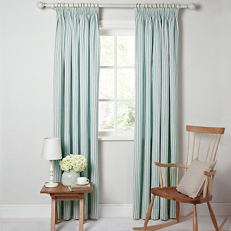 Ticking Curtains, Striped Pencil Headed, Green & White