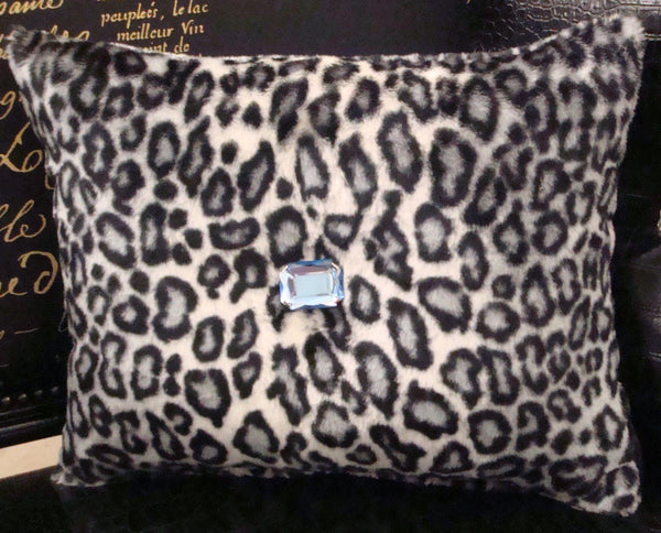 Snow Leopard Bling Throw Pillow, Black & White 15 x 12 with a pink faux crystal