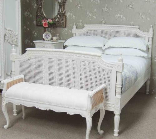 Tufted Provincial Bench, Painted White With Natural Rattan