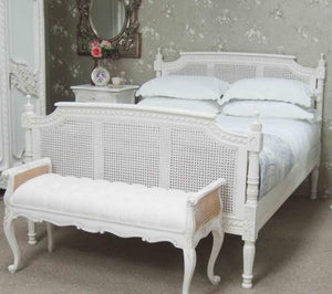 Tufted Provincial Bench, Painted White With Natural Rattan