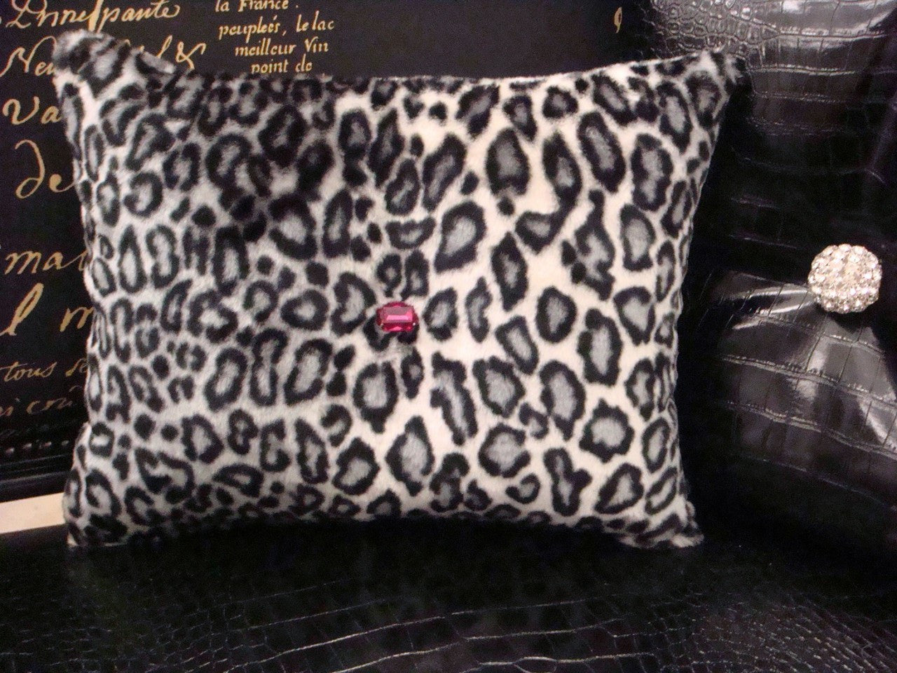 Snow Leopard Bling Throw Pillow, Black & White 15 x 12 with a pink faux crystal