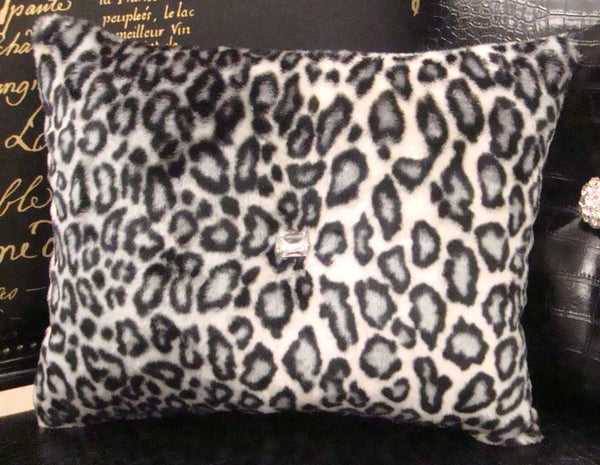 Snow Leopard Bling Throw Pillow, Black & White 15 x 12 with Blue faux crystal