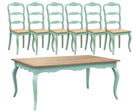 French Country Dining, Turquoise French Dining Table Set (1 Table 6 Chairs)