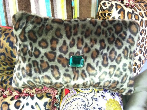 Leopard Bling Throw Pillow, Green & Brown 15 x 10 with Green faux crystal