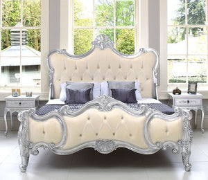 Baroque Bedroom Set, Silver Leaf / Cream Velvet Upholstery