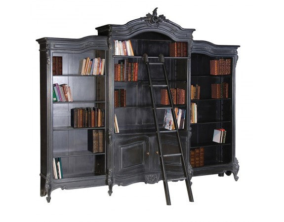 Bookcase, French Carved Bookcase Display with ladder, Black