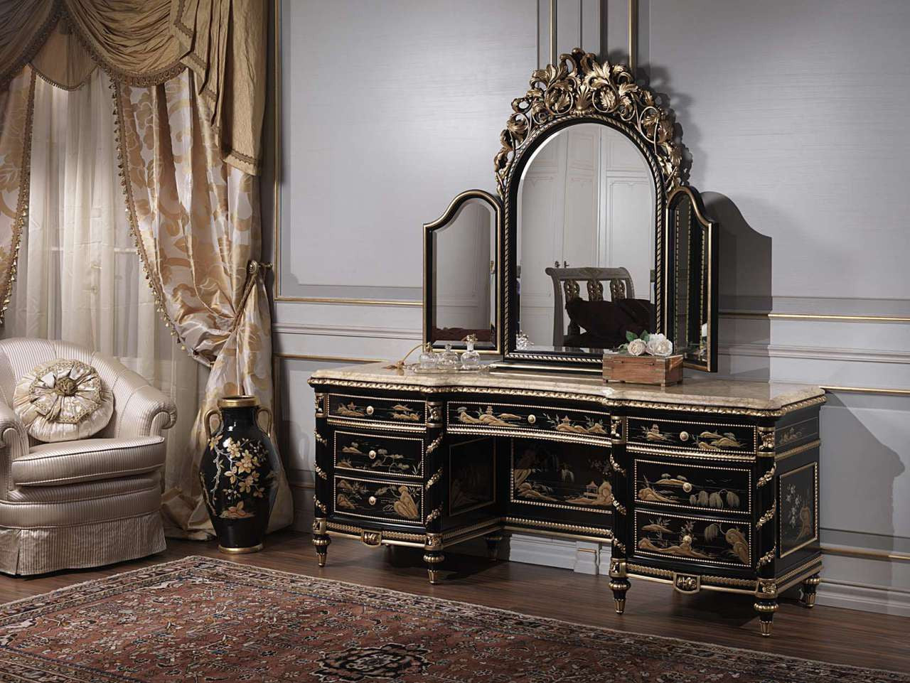 classic luxury dressing table Sleek Silver and White Dressing Table