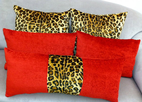 Animal Print Throw Pillow, Leopard & Red Velvet, Lumbar