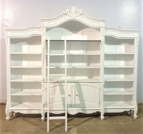 French Carved Bookcase with ladder Satin White