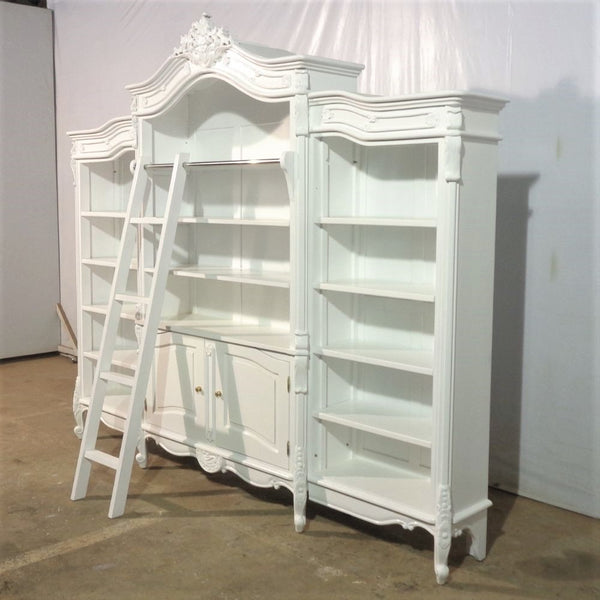 French Carved Bookcase with ladder Satin White