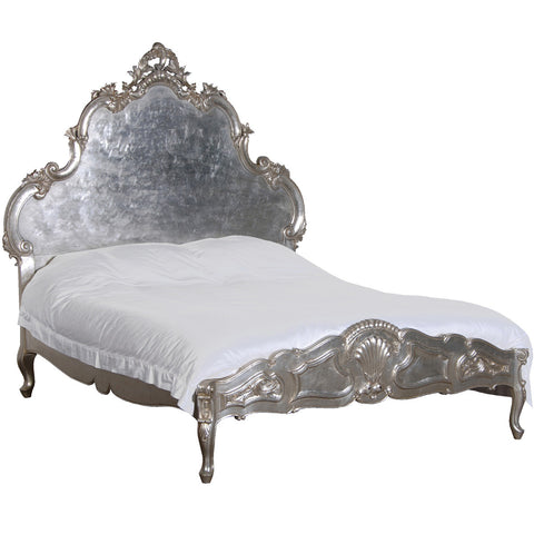 Luxury Chateau Silver Carved French Bed, Silver Leaf